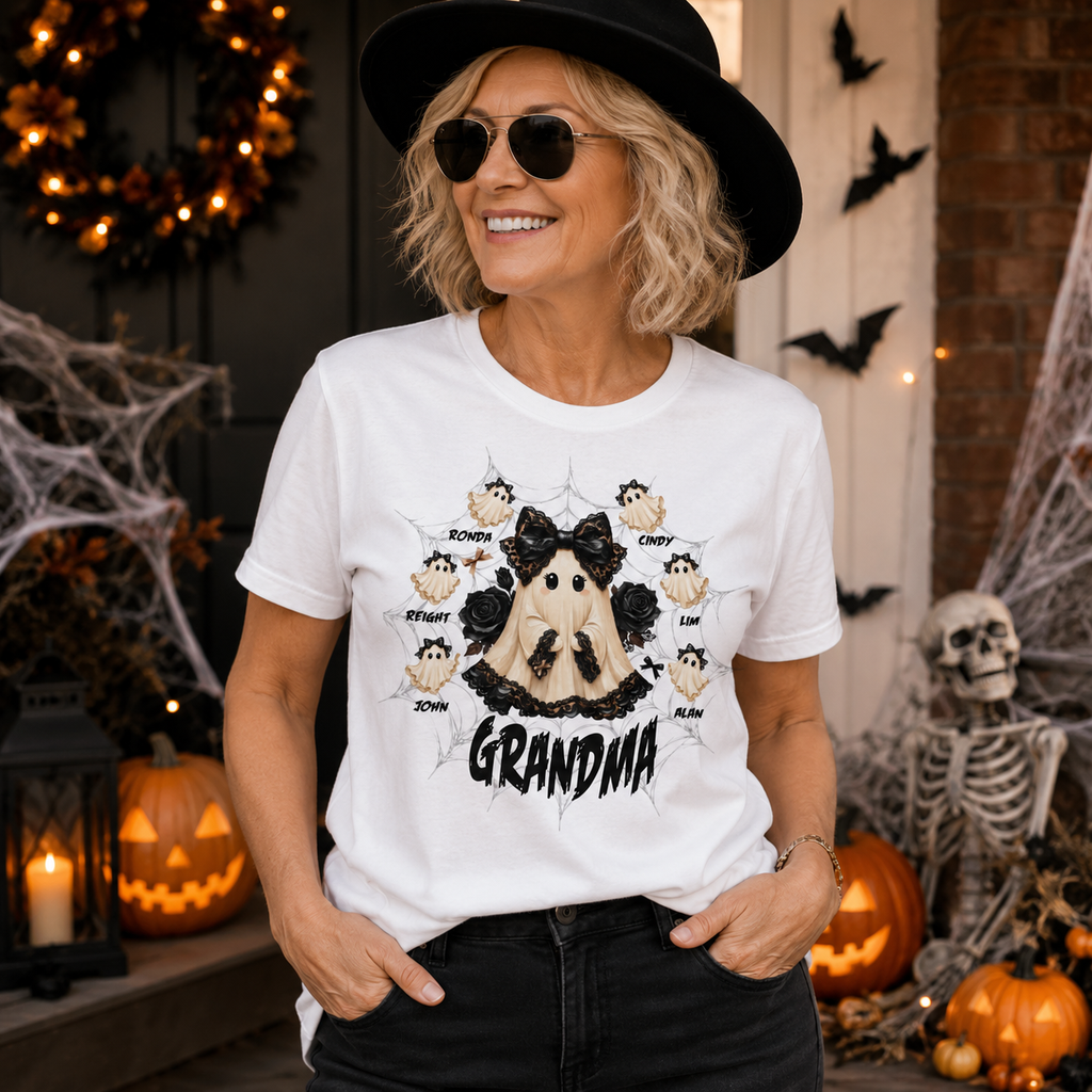 Personalized Grandma Ghost Halloween T-Shirt with Kids Names | Custom Family Halloween Shirt for Grandma