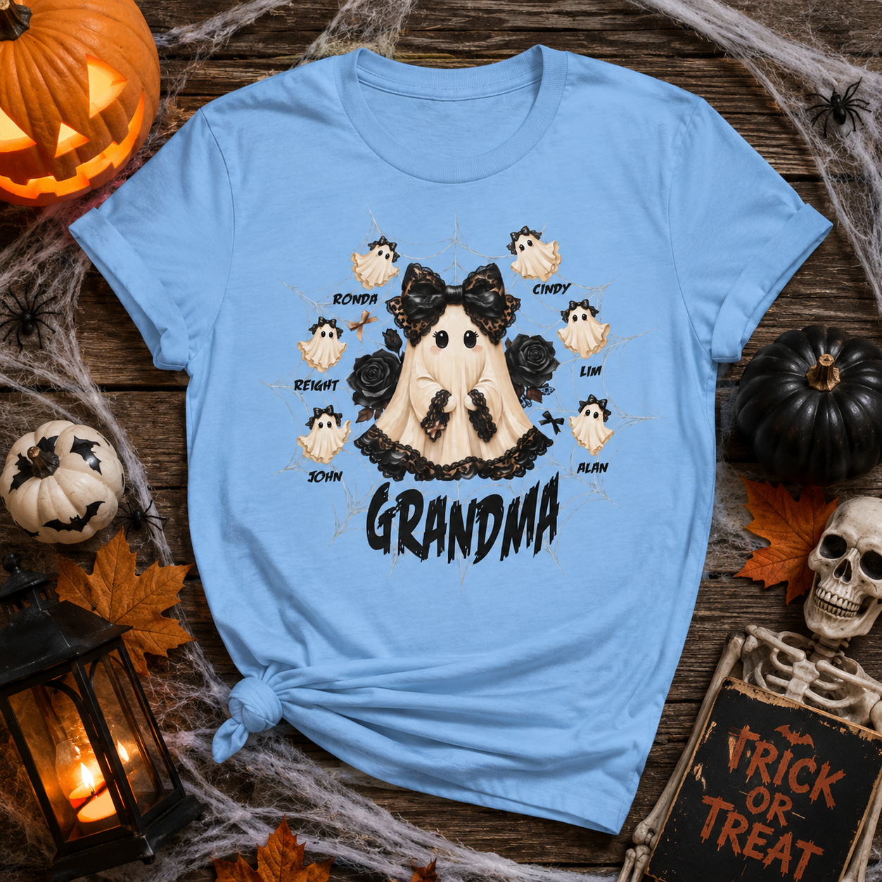Personalized Grandma Ghost Halloween T-Shirt with Kids Names | Custom Family Halloween Shirt for Grandma
