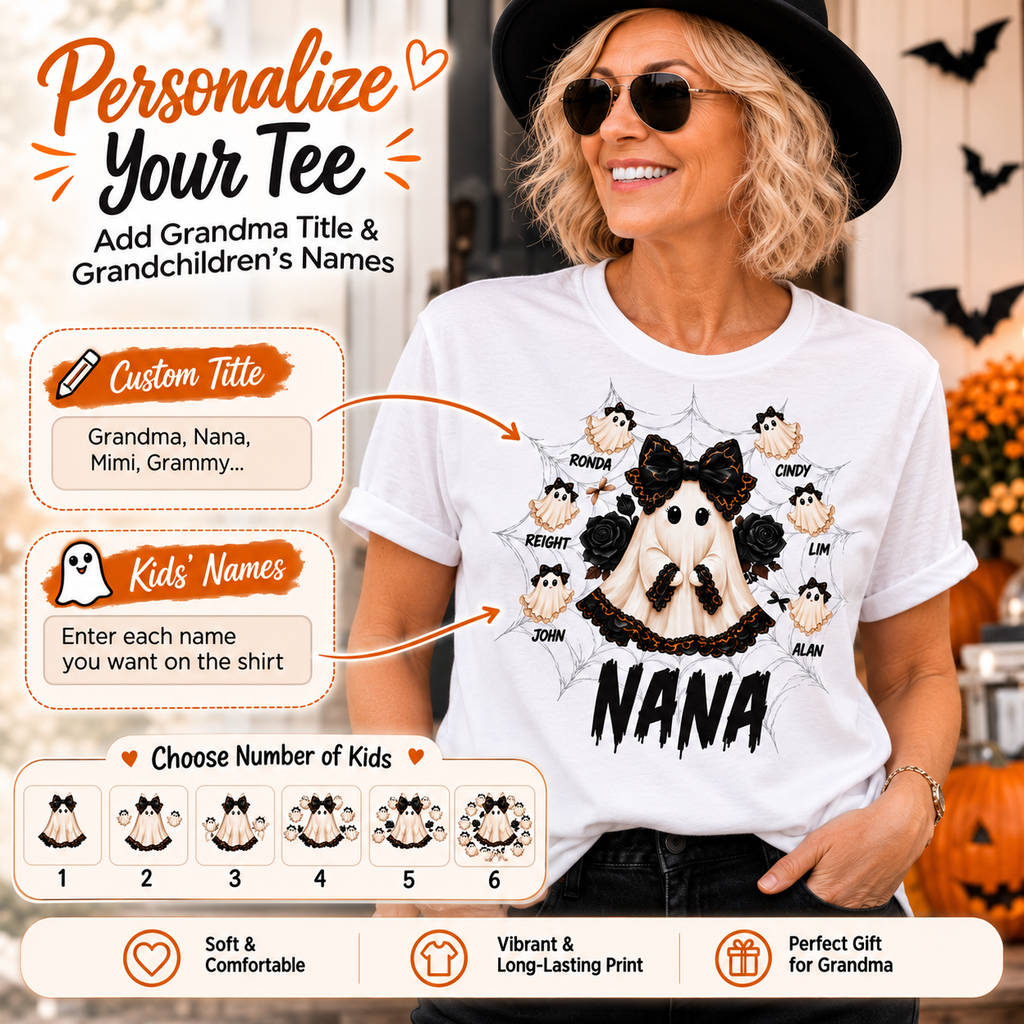 Personalized Grandma Ghost Halloween T-Shirt with Kids Names | Custom Family Halloween Shirt for Grandma