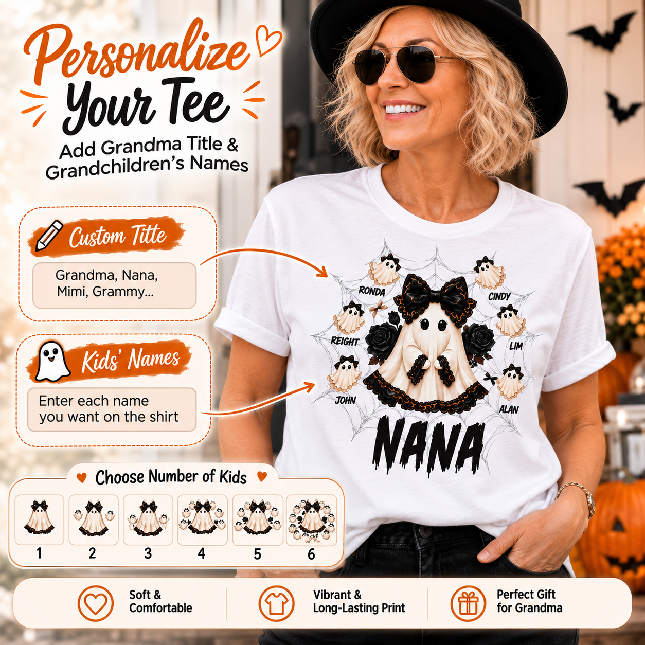 Personalized Grandma Ghost Halloween T-Shirt with Kids Names | Custom Family Halloween Shirt for Grandma