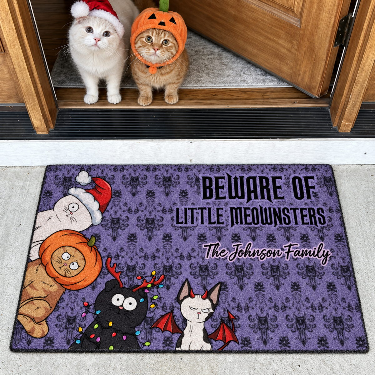 Personalized Cat Doormat, Custom Cat Welcome Mat with Family Name, Halloween Cat Doormat, Gift for Cat Lovers