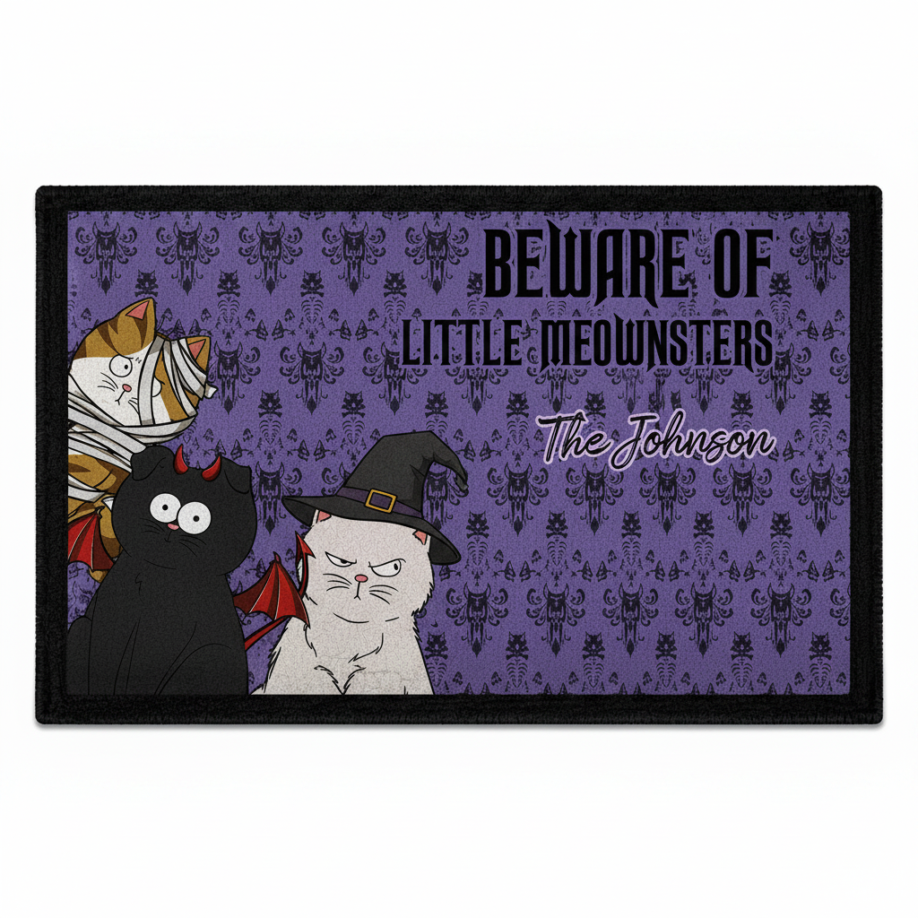 Personalized Halloween cat doormat with Beware of Little Meownsters design, custom cats and family name