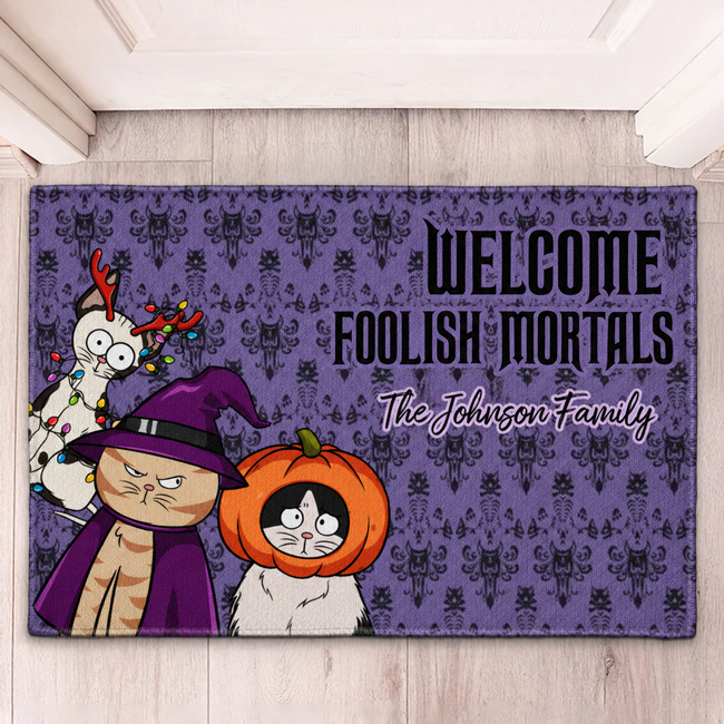 Personalized Cat Doormat, Custom Cat Welcome Mat with Family Name, Halloween Cat Doormat, Gift for Cat Lovers Main Image