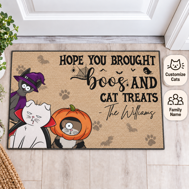 Cat Welcome Mat, Funny Cat Doormat, Personalized Halloween Cat Doormat – Boos & Cat Treats Hover Image