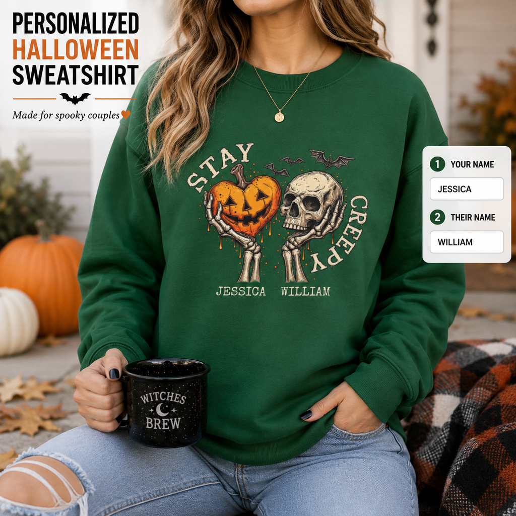 Personalized Halloween sweatshirt with Stay Creepy design and custom names