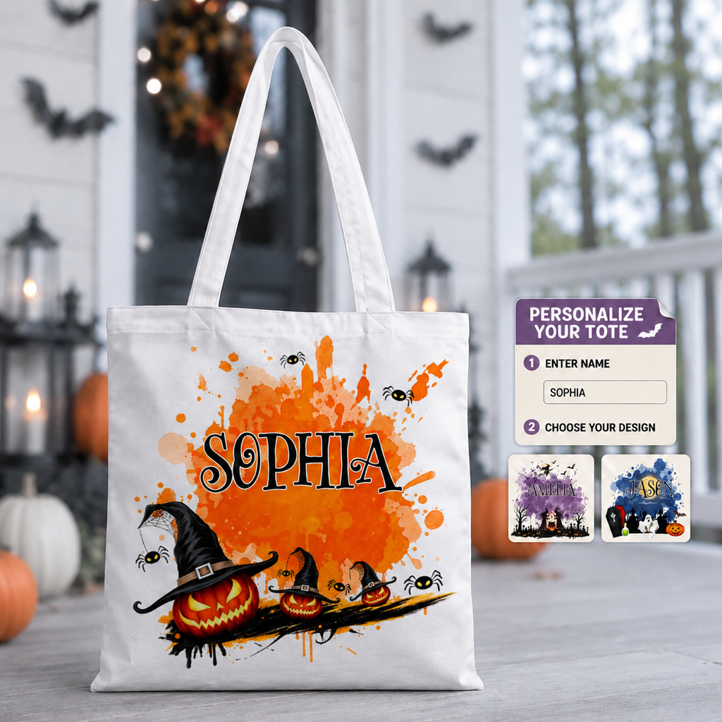 Personalized Halloween Tote Bag, Custom Name Lined Trick or Treat Bag for Kids