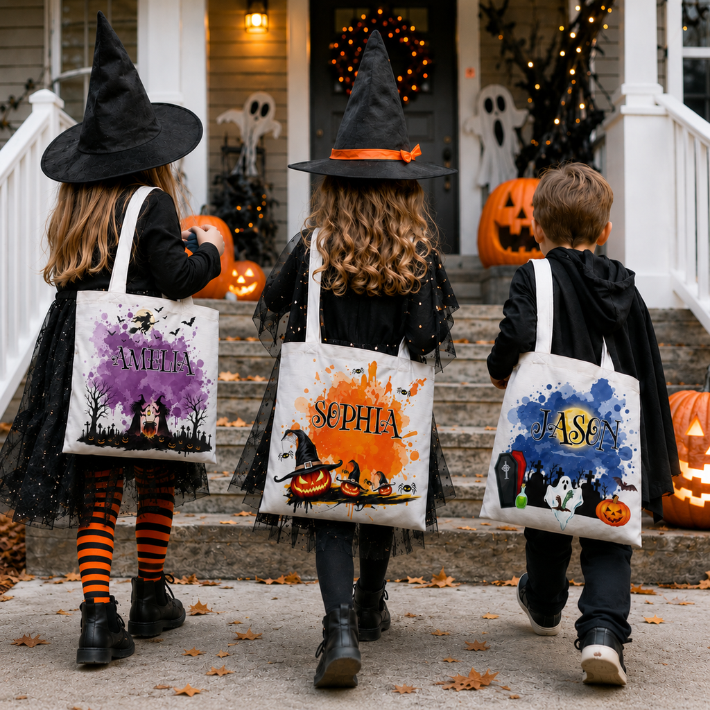 Personalized Halloween Tote Bag, Custom Name Lined Trick or Treat Bag for Kids