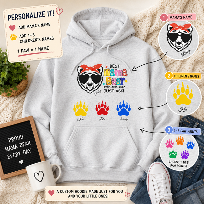 Personalized Mama Bear Hoodie with Kids Names, Custom Mom Sweatshirt, 1-5 Children Paw Prints, Mother's Day Gift for Mom Hover Image
