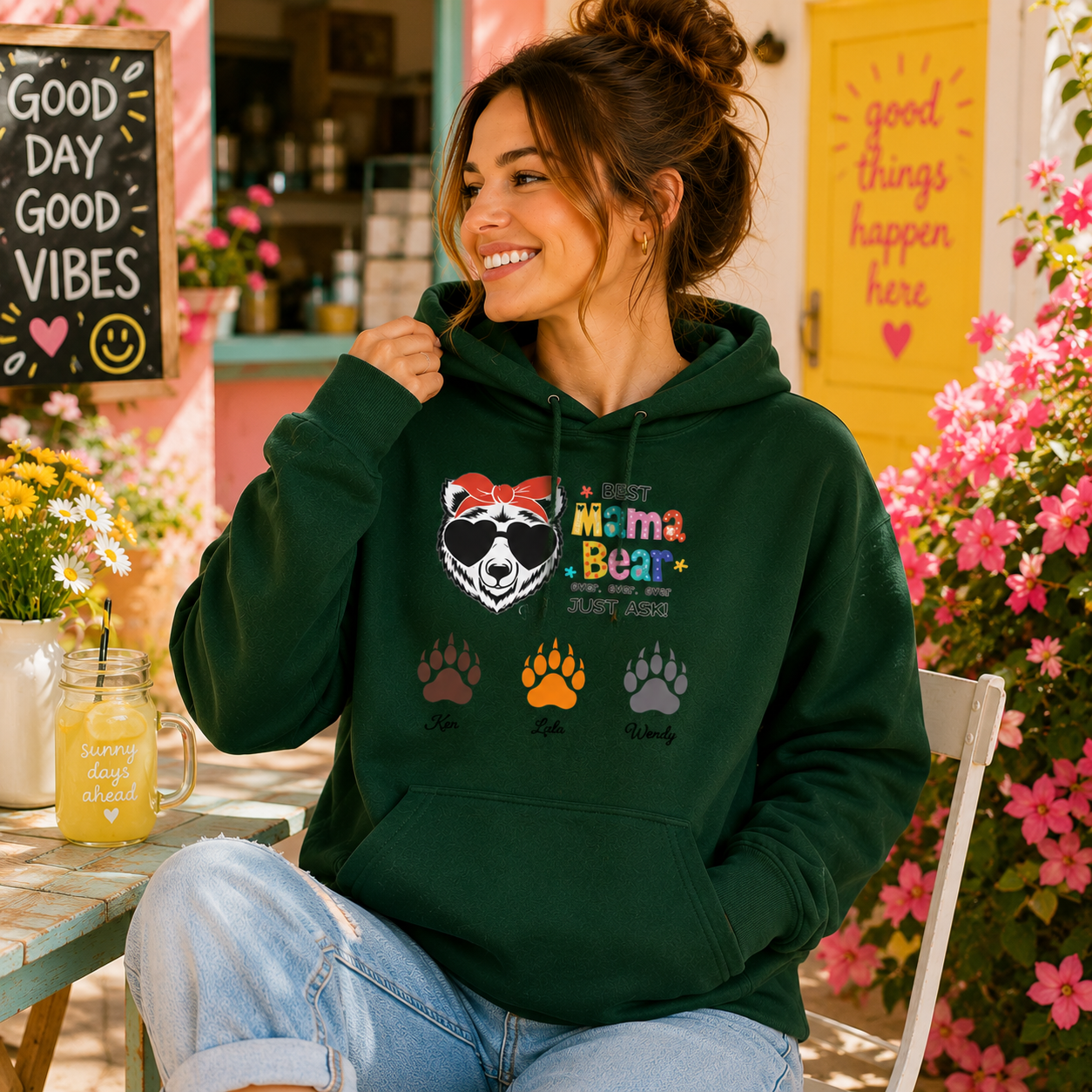 Personalized Mama Bear Hoodie with Kids Names, Custom Mom Sweatshirt, 1-5 Children Paw Prints, Mother's Day Gift for Mom