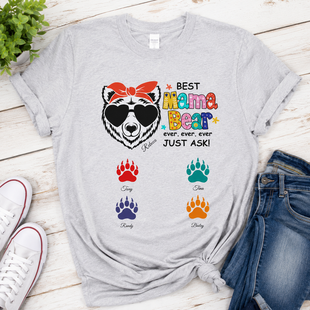 Personalized Mama Bear Shirt with Kids Names – Custom Mama Bear Family T-Shirt Gift for Mom, Mother's Day Gift, Matching Family Tee