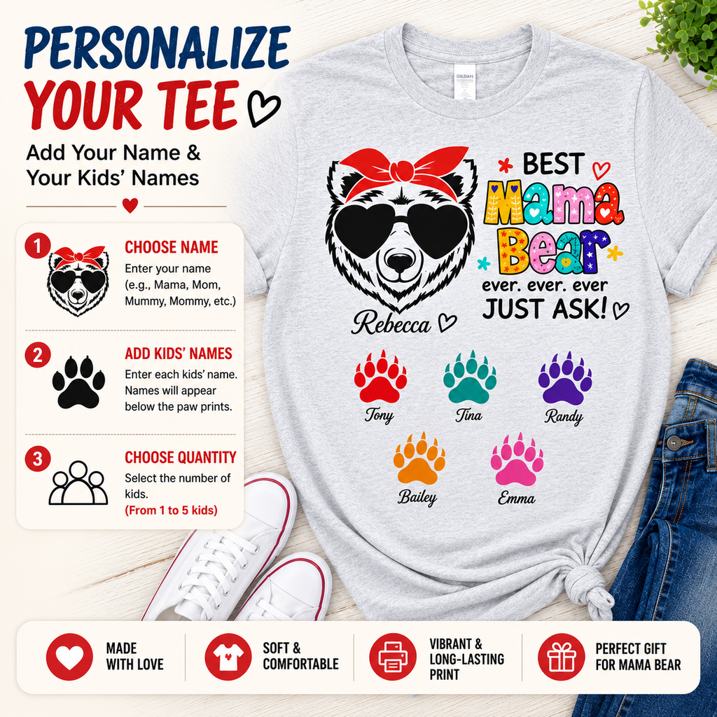 Personalized Mama Bear Shirt with Kids Names – Custom Mama Bear Family T-Shirt Gift for Mom, Mother's Day Gift, Matching Family Tee