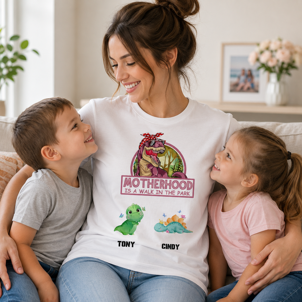 Personalized Motherhood Is A Walk In The Park Dinosaur T-Shirt | Custom Kids Names Mom Shirt | Funny Mother's Day Gift Tee