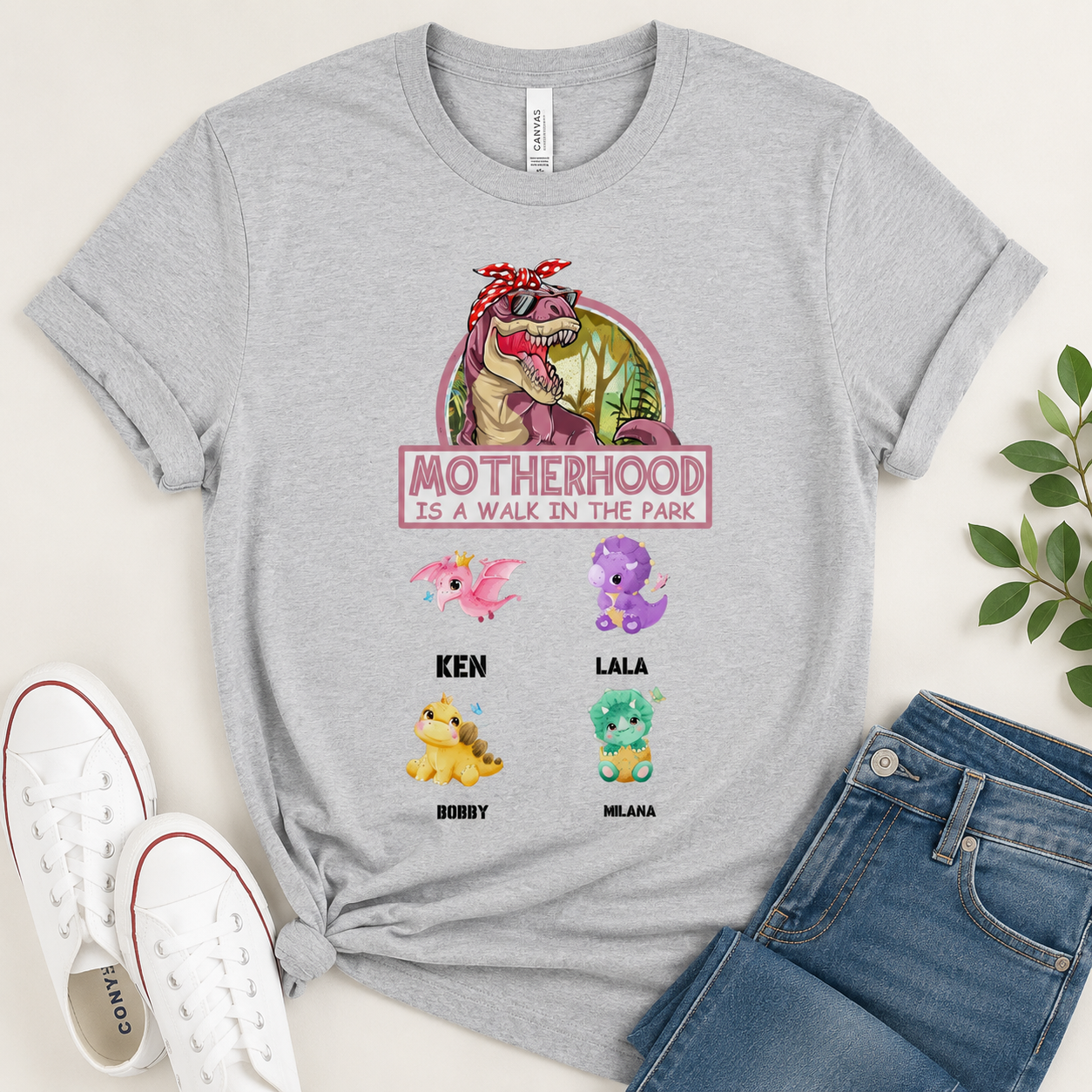 Personalized Motherhood Is A Walk In The Park Dinosaur T-Shirt | Custom Kids Names Mom Shirt | Funny Mother's Day Gift Tee