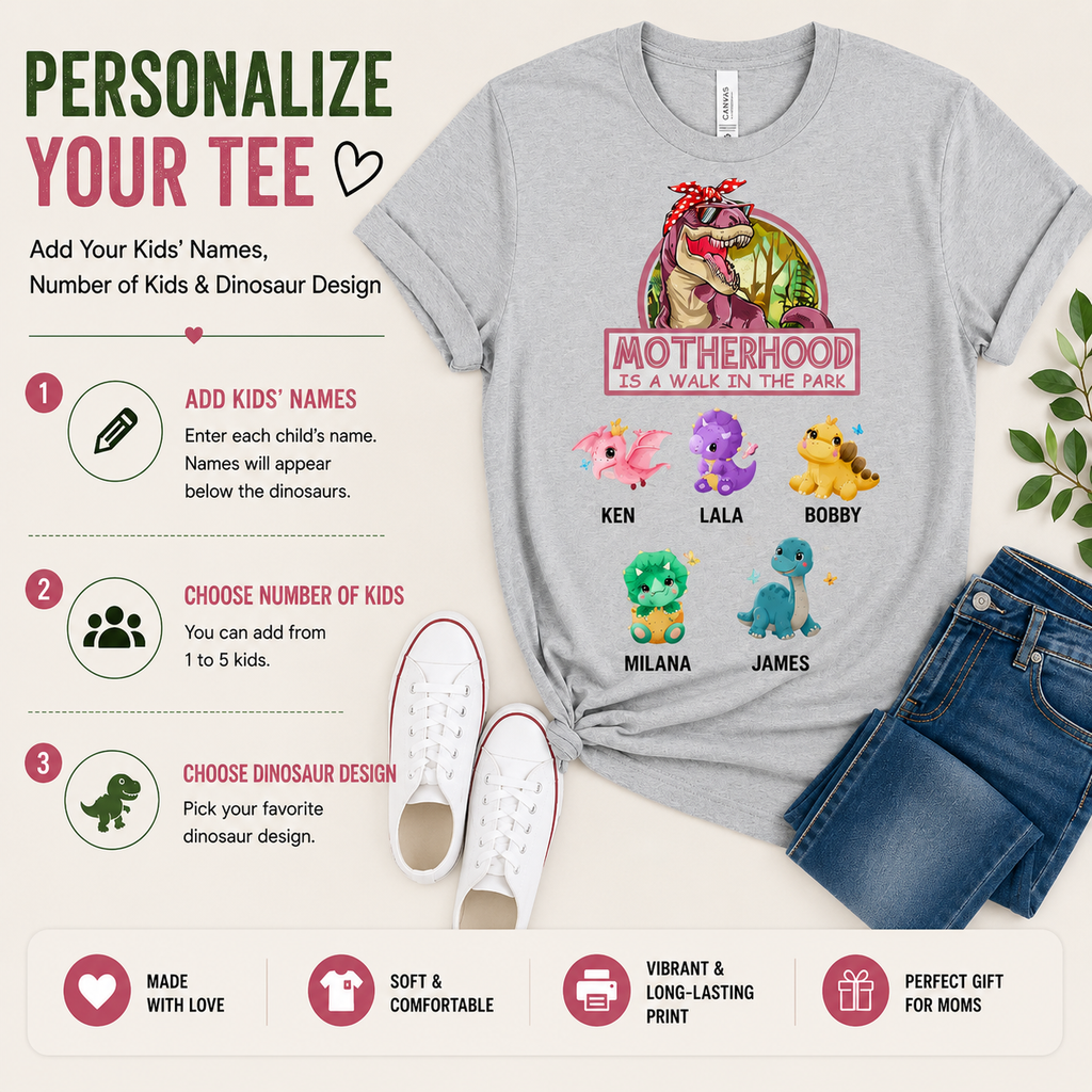 Personalized Motherhood Is A Walk In The Park Dinosaur T-Shirt | Custom Kids Names Mom Shirt | Funny Mother's Day Gift Tee