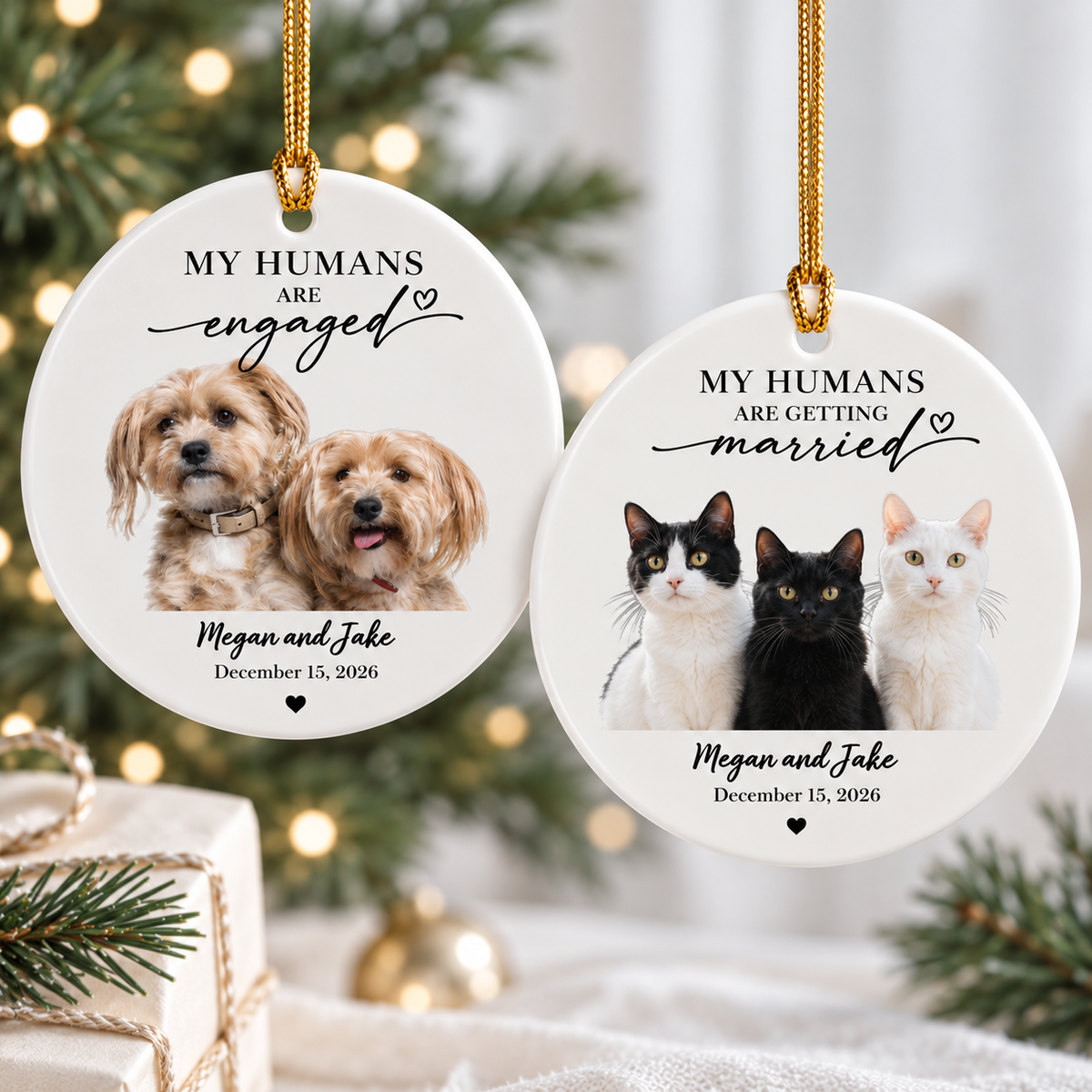 Personalized Pet Engagement & Wedding Ornament, Custom Dog & Cat Photo Christmas Ornament