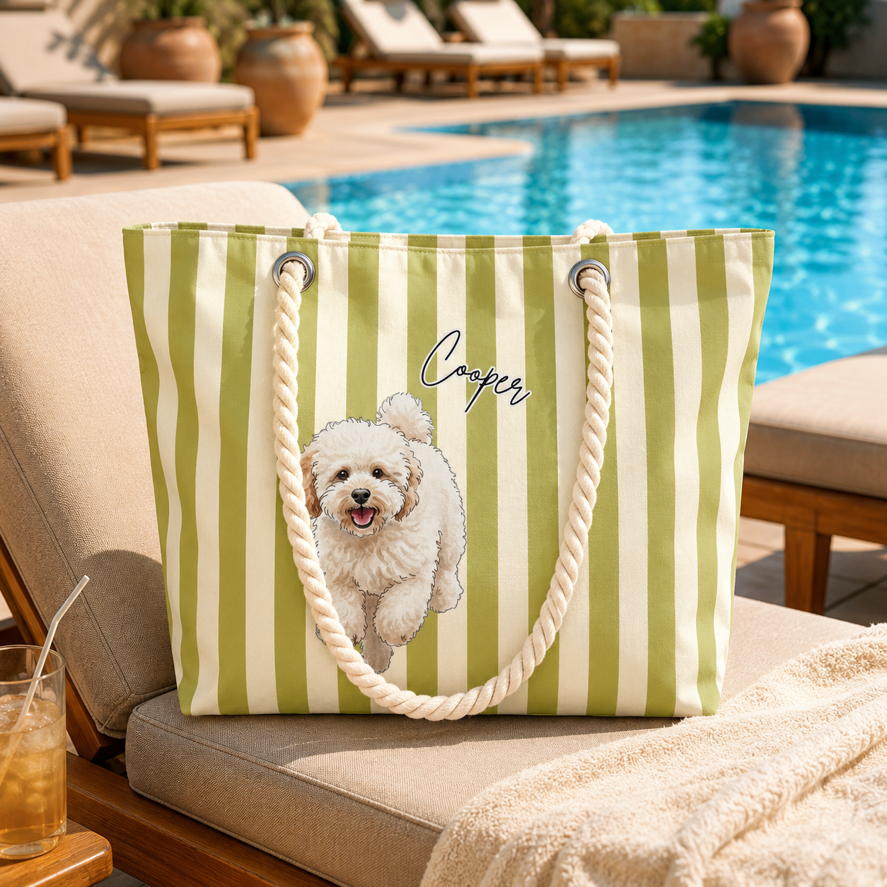 Personalized Pet Beach Tote Bag, Custom Dog Photo & Name Hemp Rope Bag, Custom Pet Portrait Tote, Dog Mom Beach Bag, Pet Lover Gift