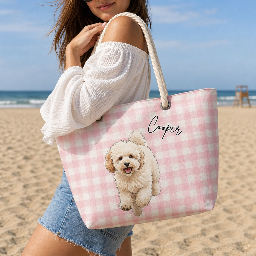 Personalized Pet Beach Tote Bag, Custom Dog Photo & Name Hemp Rope Bag, Custom Pet Portrait Tote, Dog Mom Beach Bag, Pet Lover Gift