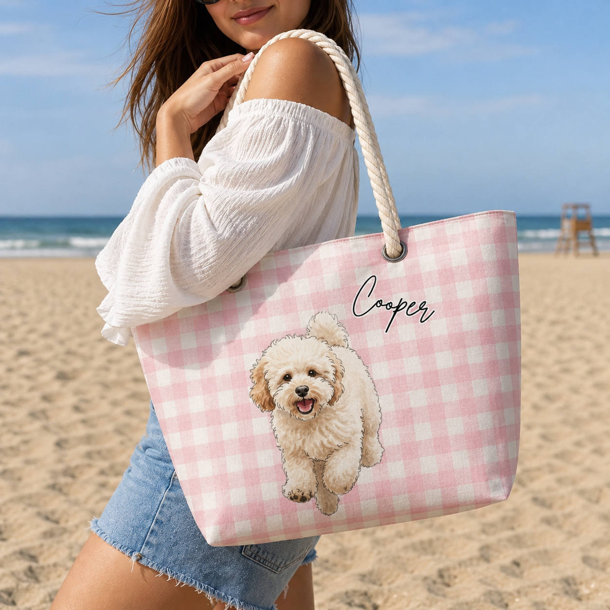 Personalized Pet Beach Tote Bag, Custom Dog Photo & Name Hemp Rope Bag, Custom Pet Portrait Tote, Dog Mom Beach Bag, Pet Lover Gift