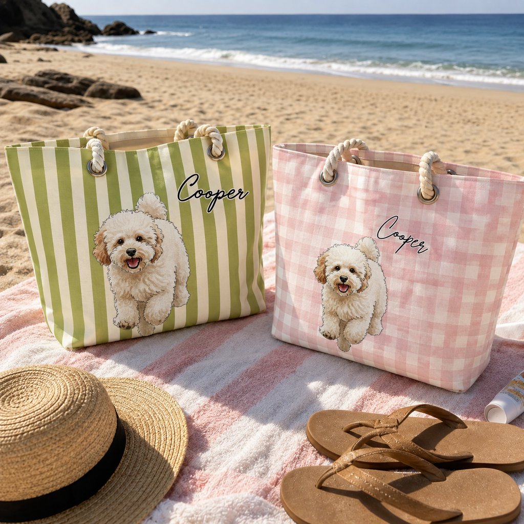 Personalized Pet Beach Tote Bag, Custom Dog Photo & Name Hemp Rope Bag, Custom Pet Portrait Tote, Dog Mom Beach Bag, Pet Lover Gift