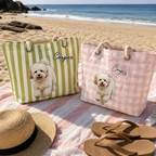 Personalized Pet Beach Tote Bag, Custom Dog Photo & Name Hemp Rope Bag, Custom Pet Portrait Tote, Dog Mom Beach Bag, Pet Lover Gift