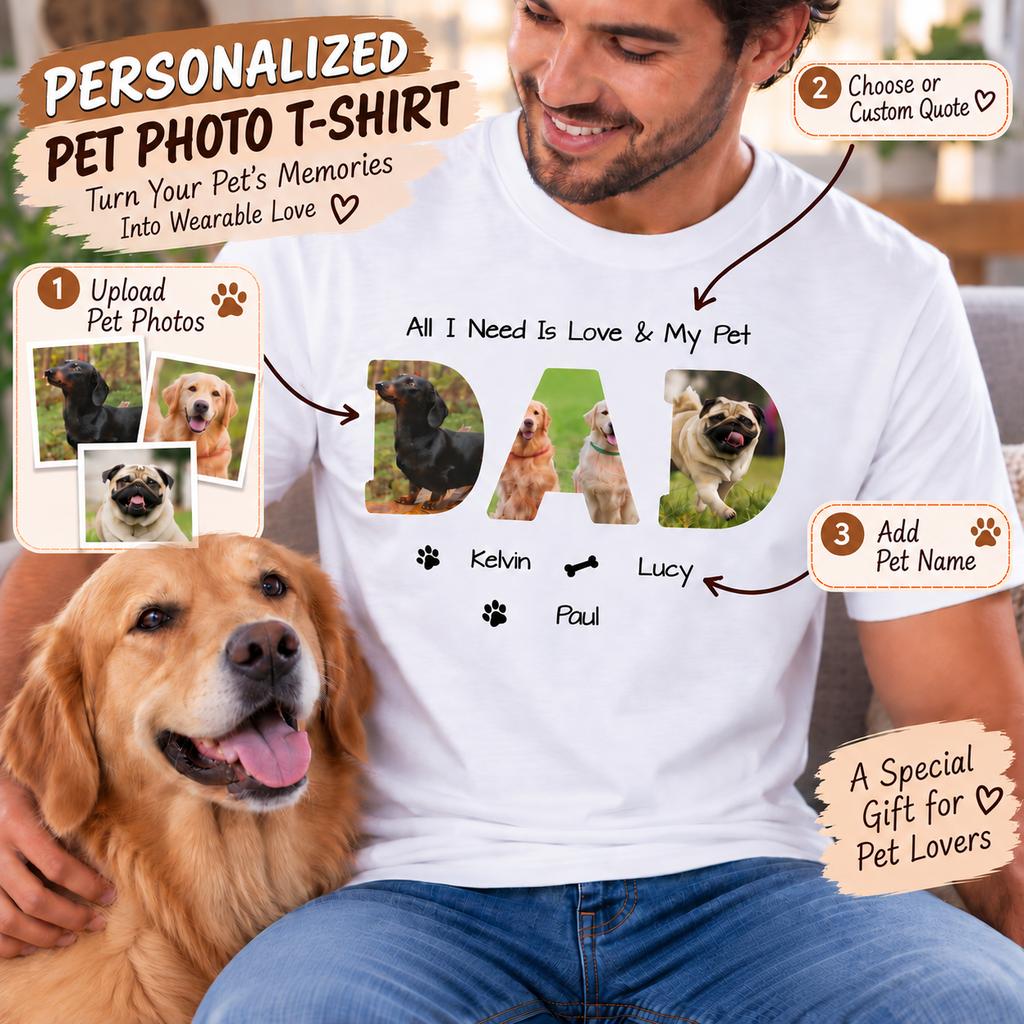 Personalized Pet Photo T-Shirt – Custom Dog Cat Photo & Pet Names Shirt, Custom Quote Pet Dad Tee, Pet Lover Gift