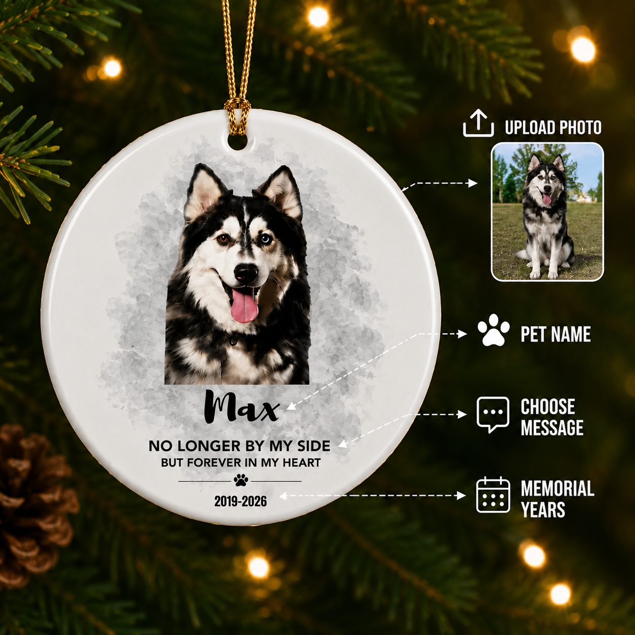 Personalized pet memorial ornament with custom dog photo, pet name, memorial message and years for a meaningful pet loss Christmas gift