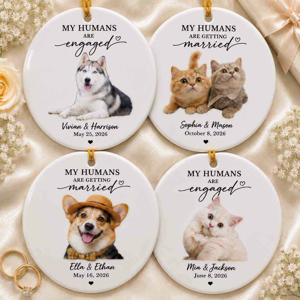 Personalized pet photo ornaments for engaged and married couples featuring custom dog or cat photos, couple names and special dates
