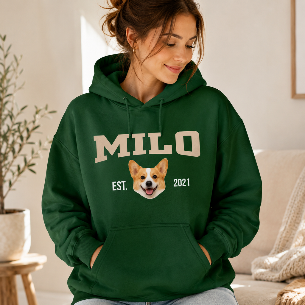 Woman wearing a personalized pet photo hoodie with custom dog name and year