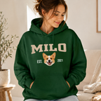 Woman wearing a personalized pet photo hoodie with custom dog name and year