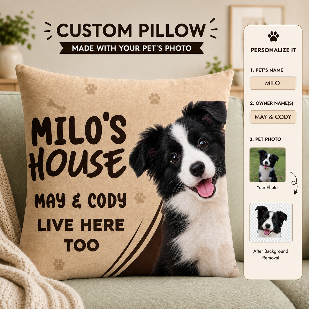 Personalized pet photo pillow with custom dog picture, pet name and owner names