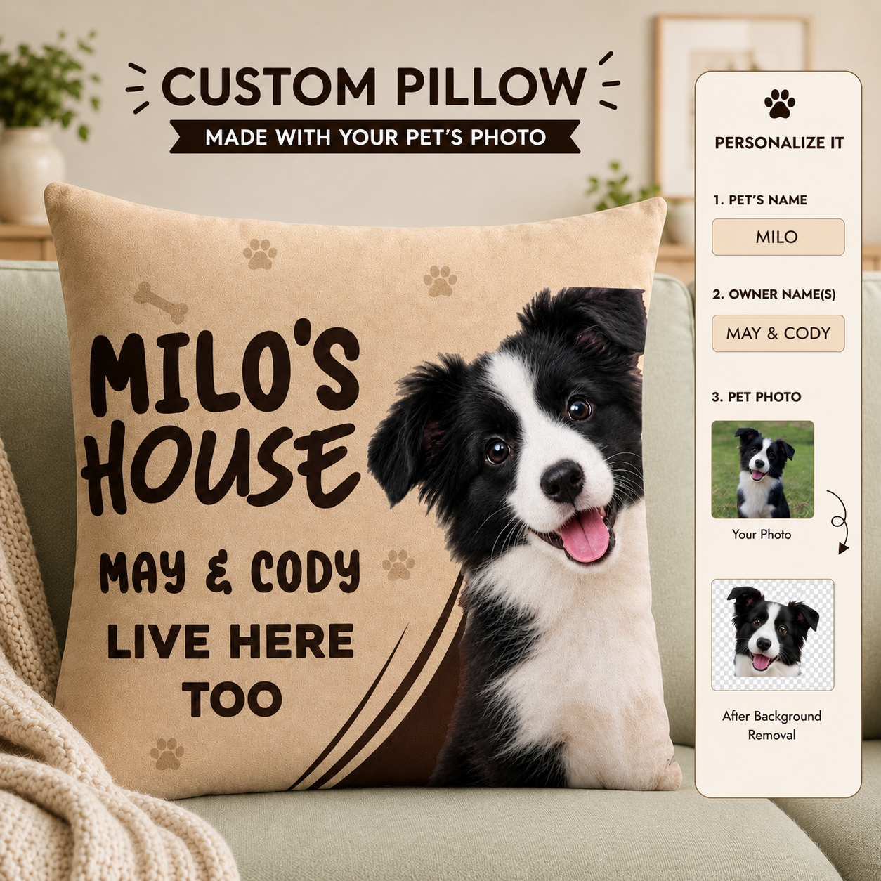 Personalized pet photo pillow with custom dog picture, pet name and owner names