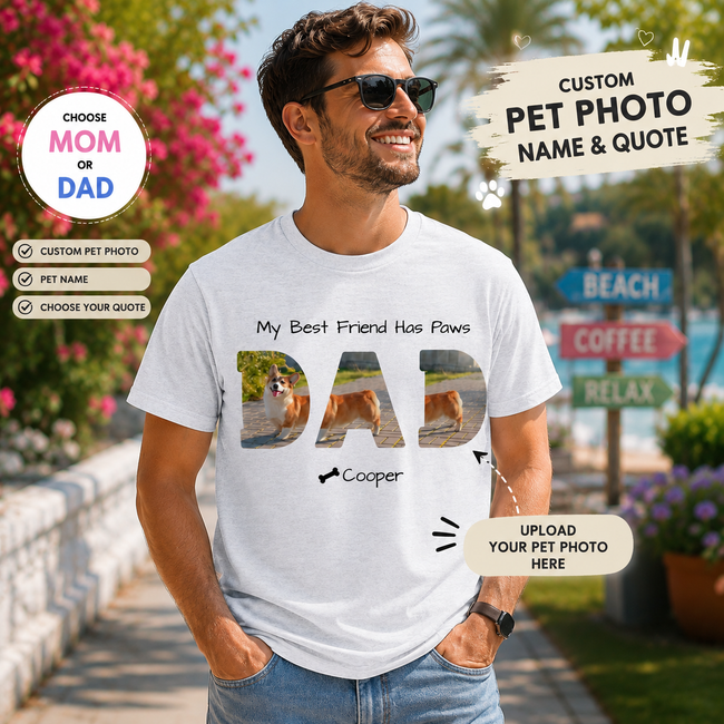 Personalized Pet Photo Mom Dad T-Shirt – Custom Dog Cat Photo Shirt with Pet Name & Quote, Pet Parent Gift Hover Image