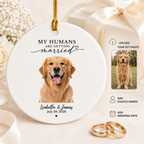 Personalized pet photo ornament with custom couple names and wedding date, engagement and wedding gift