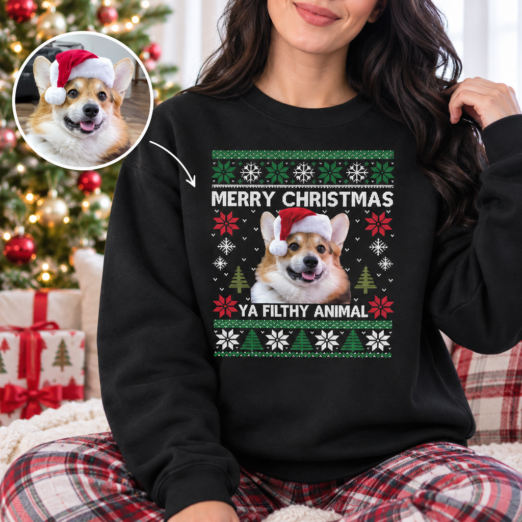 Dog Christmas Sweatshirt, Cat Christmas Sweatshirt, Personalized Pet Sweatshirt – Merry Christmas Ya Filthy Animal