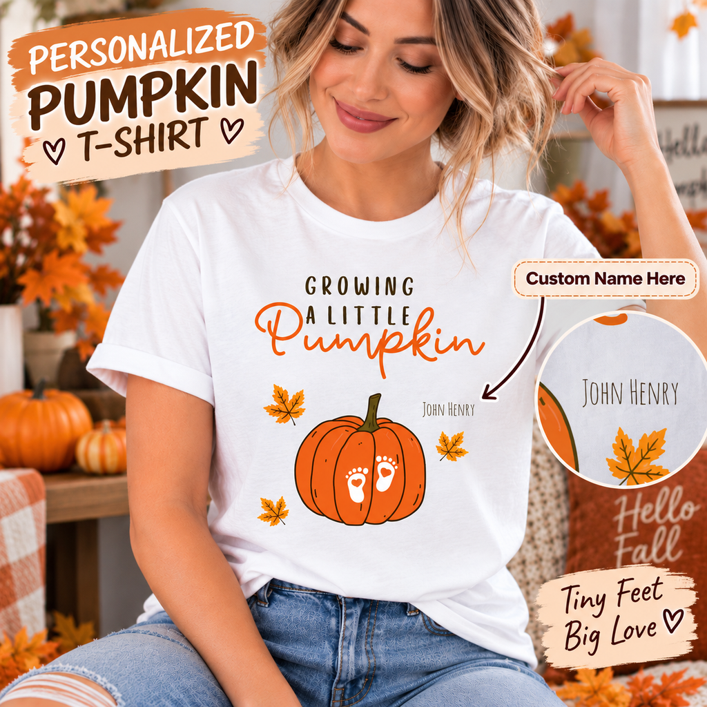 Personalized Growing A Little Pumpkin Women’s T-Shirt – Custom Baby Name Pregnancy Shirt, Fall Pumpkin Maternity Tee, Expecting Mom Gift