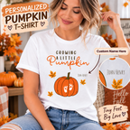 Personalized Growing A Little Pumpkin Women’s T-Shirt – Custom Baby Name Pregnancy Shirt, Fall Pumpkin Maternity Tee, Expecting Mom Gift