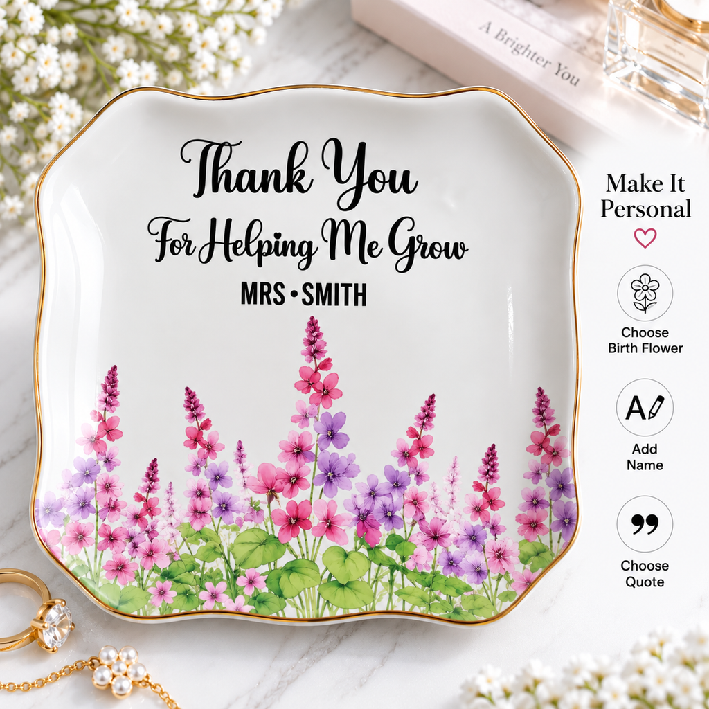 Personalized Ring Dish with Birth Month Flowers, Custom Jewelry Dish with Name & Quote