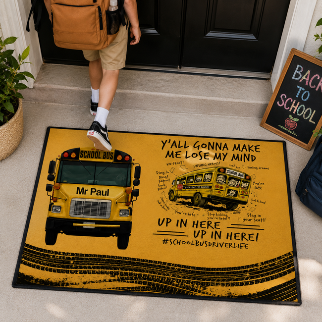 Personalized School Bus Doormat – Custom Name Welcome Mat, Funny Back to School Entry Rug, Personalized Front Door Mat, School-Themed Home Decor Gift Main Image