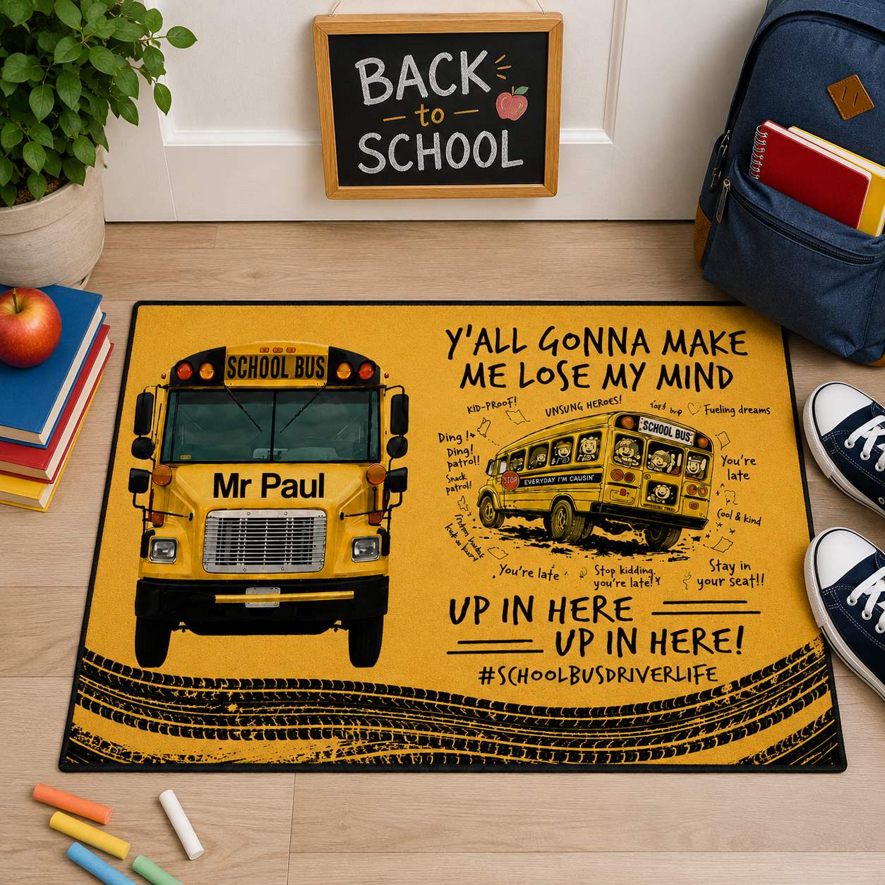 Personalized School Bus Doormat – Custom Name Welcome Mat, Funny Back to School Entry Rug, Personalized Front Door Mat, School-Themed Home Decor Gift