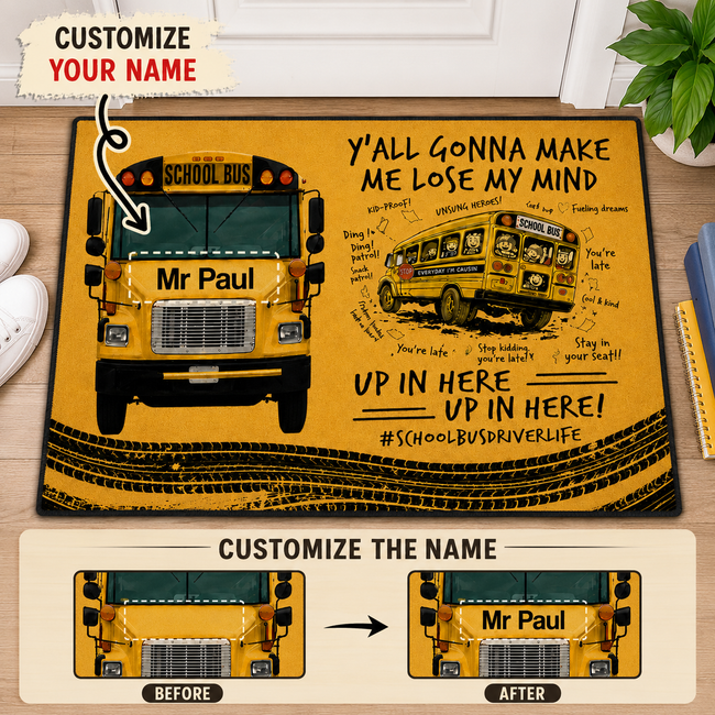 Personalized School Bus Doormat – Custom Name Welcome Mat, Funny Back to School Entry Rug, Personalized Front Door Mat, School-Themed Home Decor Gift Hover Image