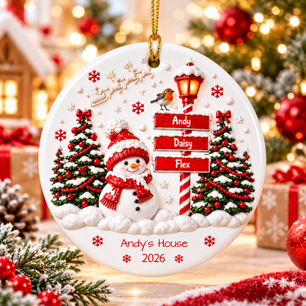 Personalized Family Ornament, Family Christmas Ornament, Snowman Family Ornament, Ceramic Christmas Ornament, 3D Relief Ornament