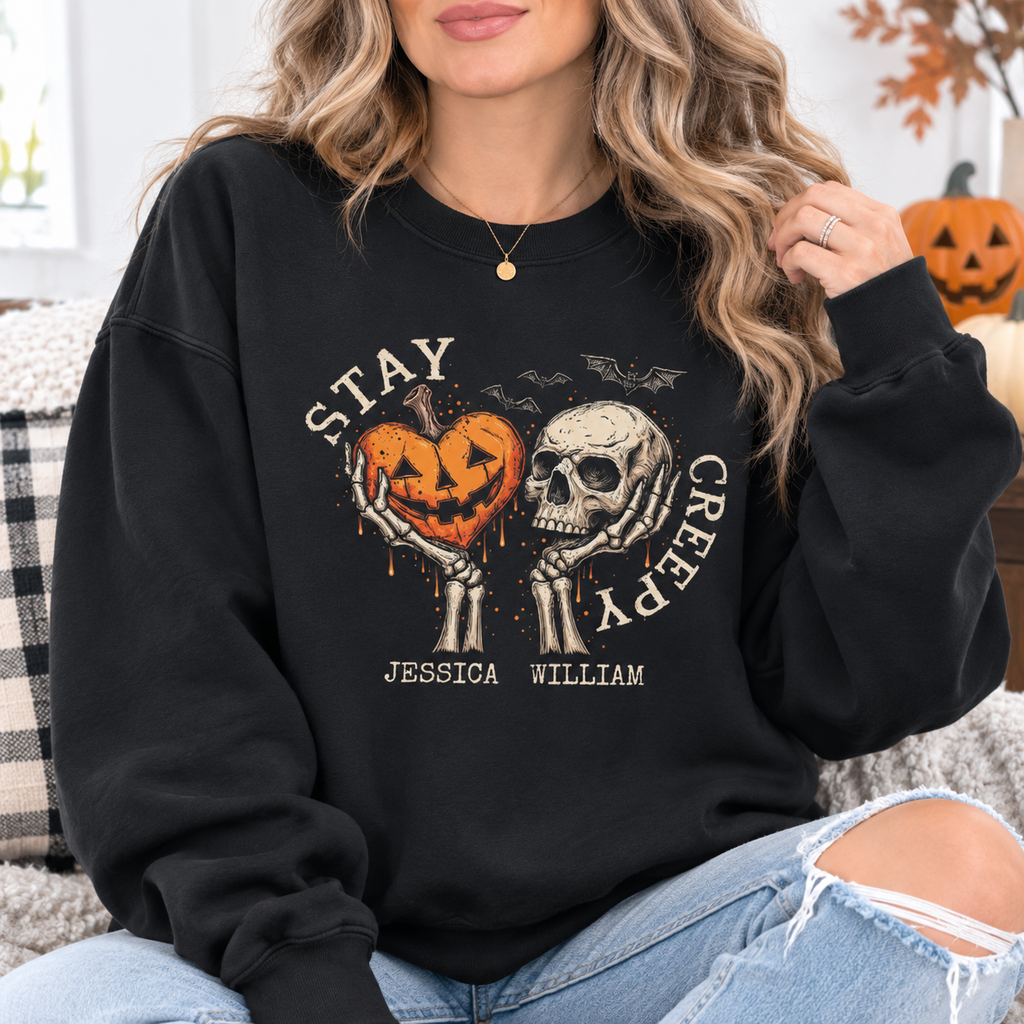Personalized Stay Creepy Halloween sweatshirt with pumpkin, skull and custom names