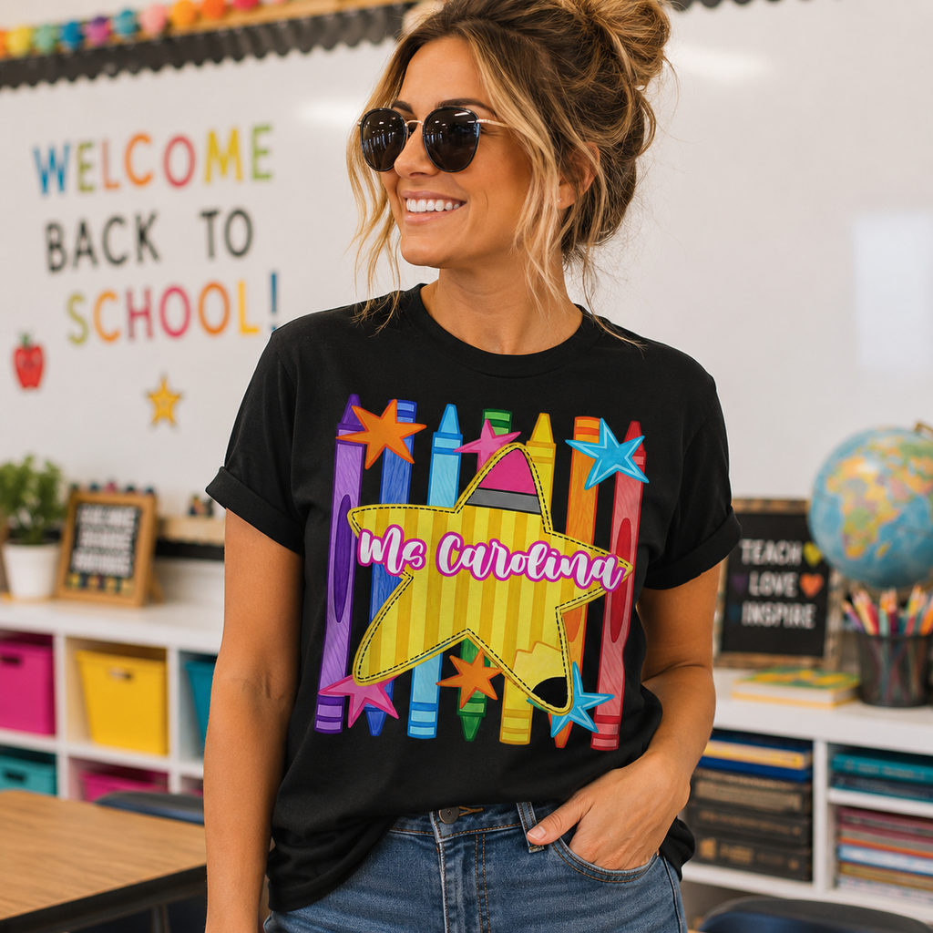 Personalized Teacher Crayon Star T-Shirt – Custom Name Back to School Shirt for Teachers, Preschool, Kindergarten & Elementary Educators