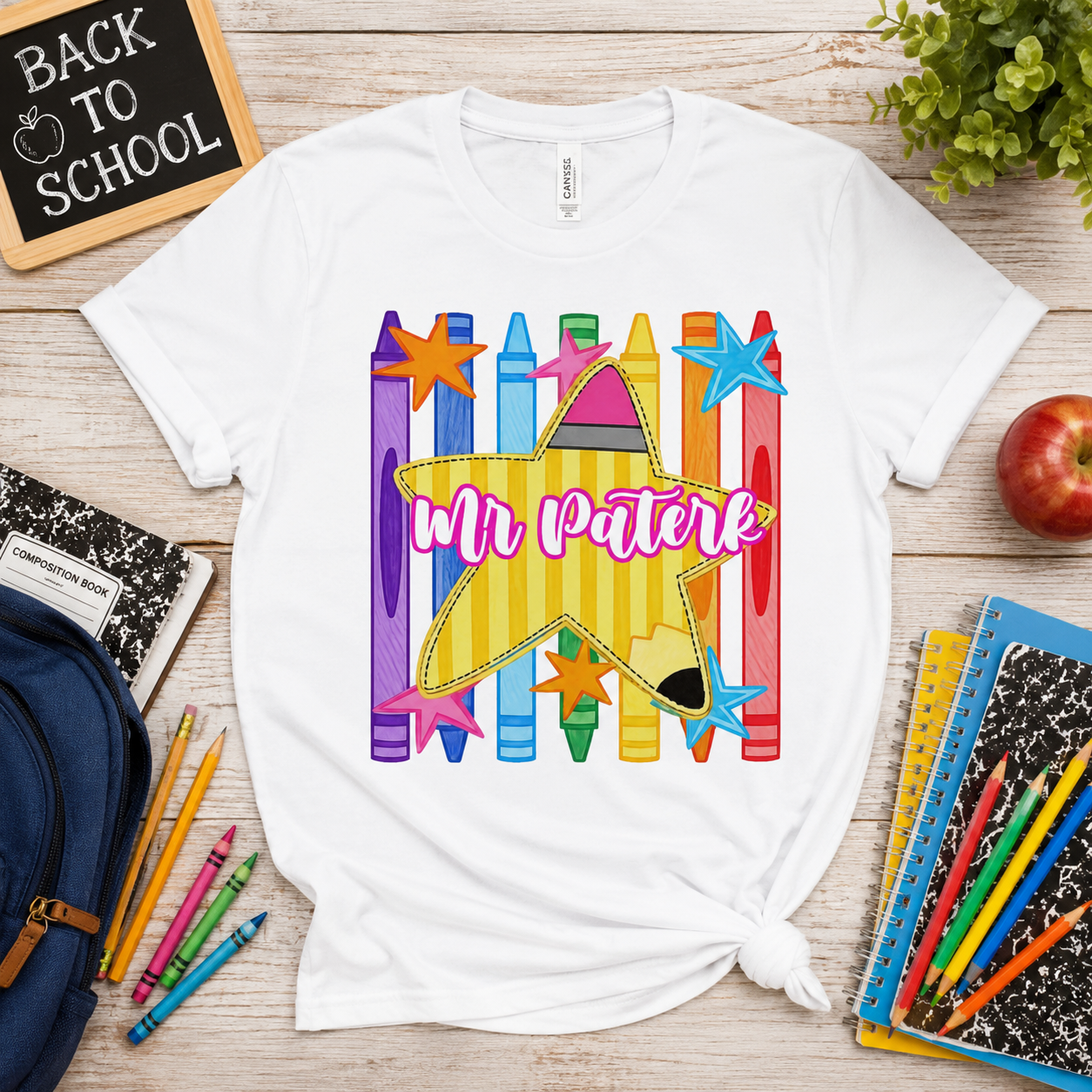 Personalized Teacher Crayon Star T-Shirt – Custom Name Back to School Shirt for Teachers, Preschool, Kindergarten & Elementary Educators