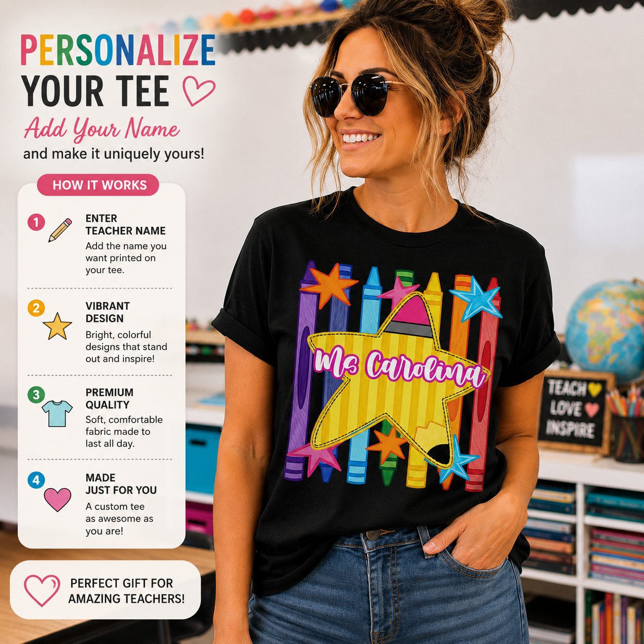Personalized Teacher Crayon Star T-Shirt – Custom Name Back to School Shirt for Teachers, Preschool, Kindergarten & Elementary Educators