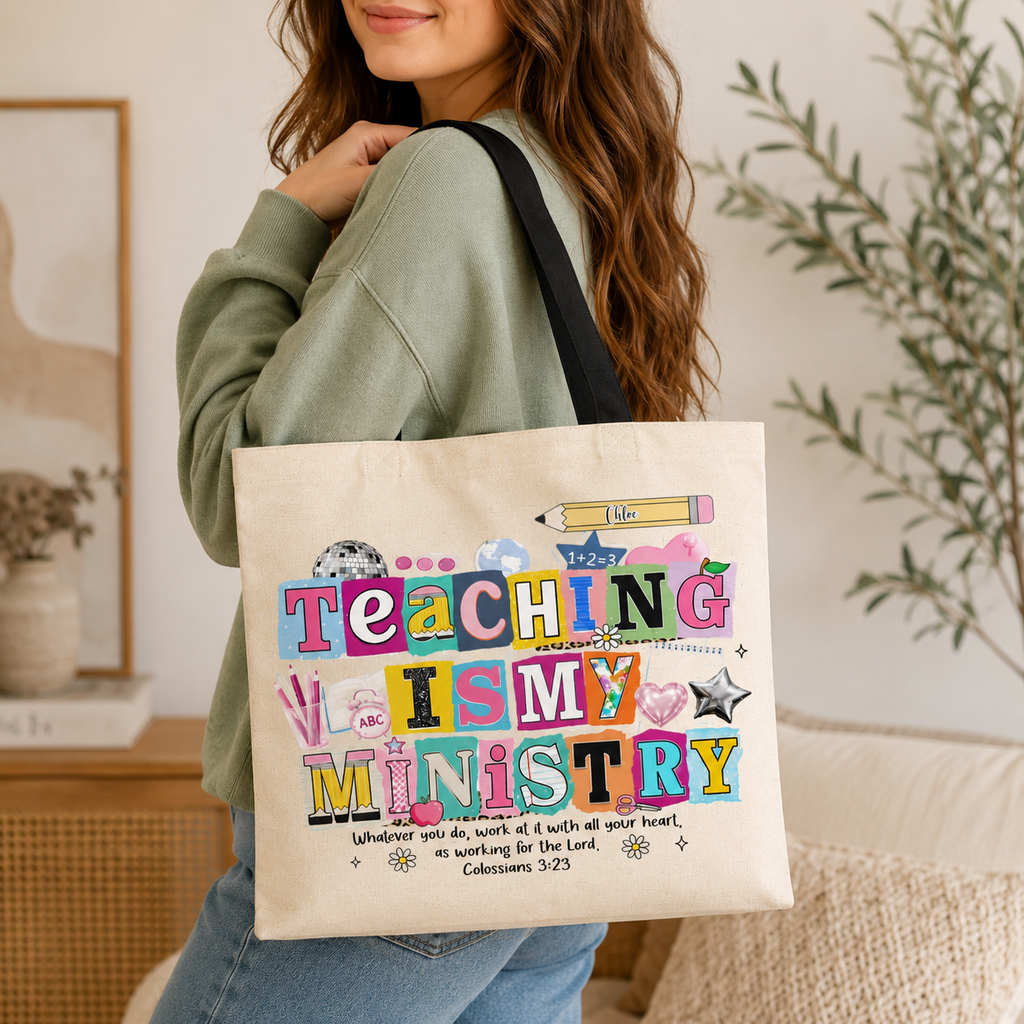 Personalized Teaching Is My Ministry Tote Bag – Custom Teacher Gift with Bible Verse, Christian Canvas Shoulder Bag for Women