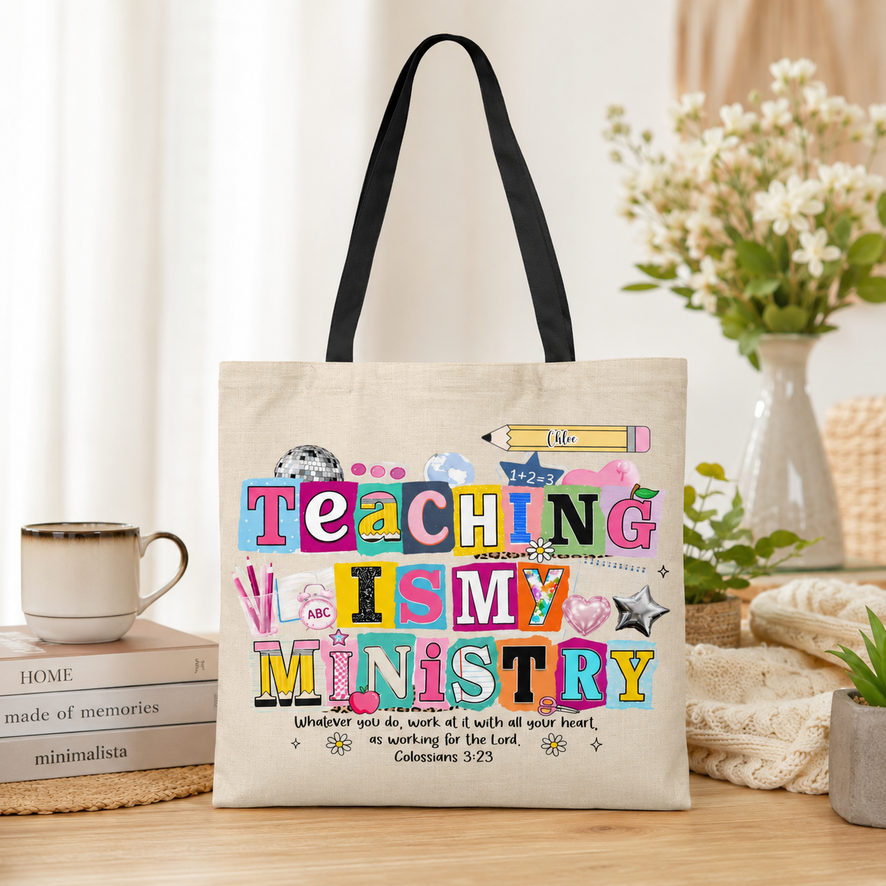 Personalized Teaching Is My Ministry Tote Bag – Custom Teacher Gift with Bible Verse, Christian Canvas Shoulder Bag for Women