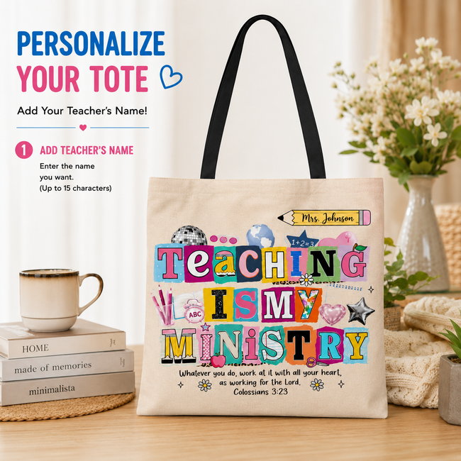 Personalized Teaching Is My Ministry Tote Bag – Custom Teacher Gift with Bible Verse, Christian Canvas Shoulder Bag for Women Hover Image