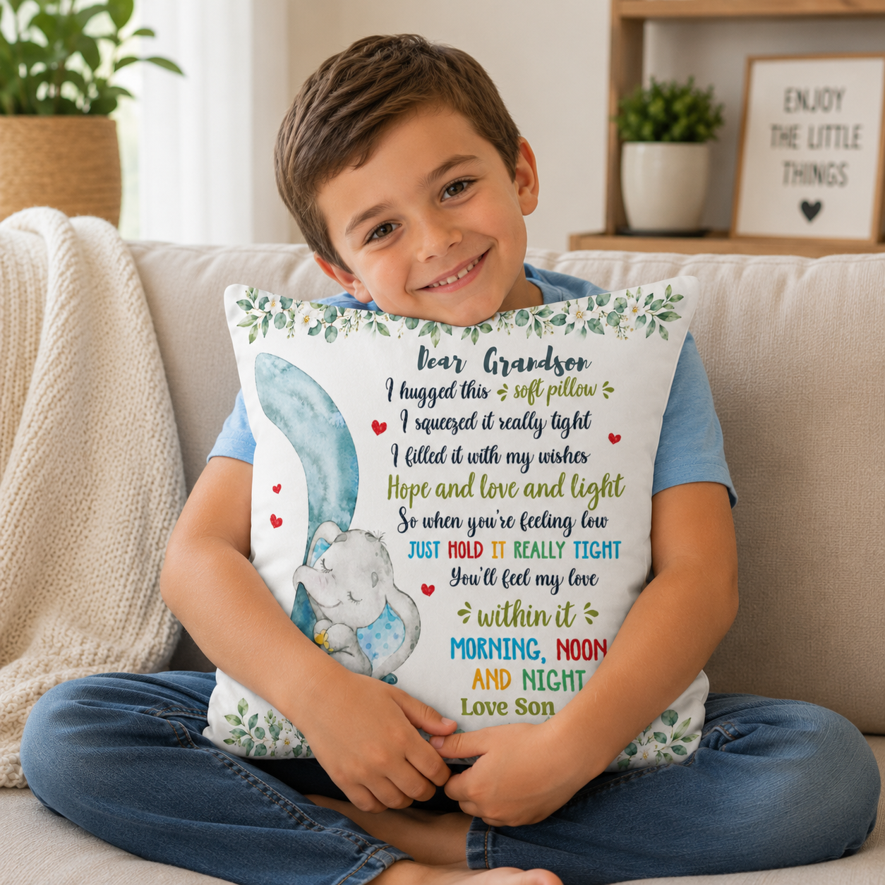 Personalized Elephant Throw Pillow – Custom Name Decorative Cushion, Personalized Dear Message Pillow, Custom Family Gift, Nursery & Bedroom Keepsake