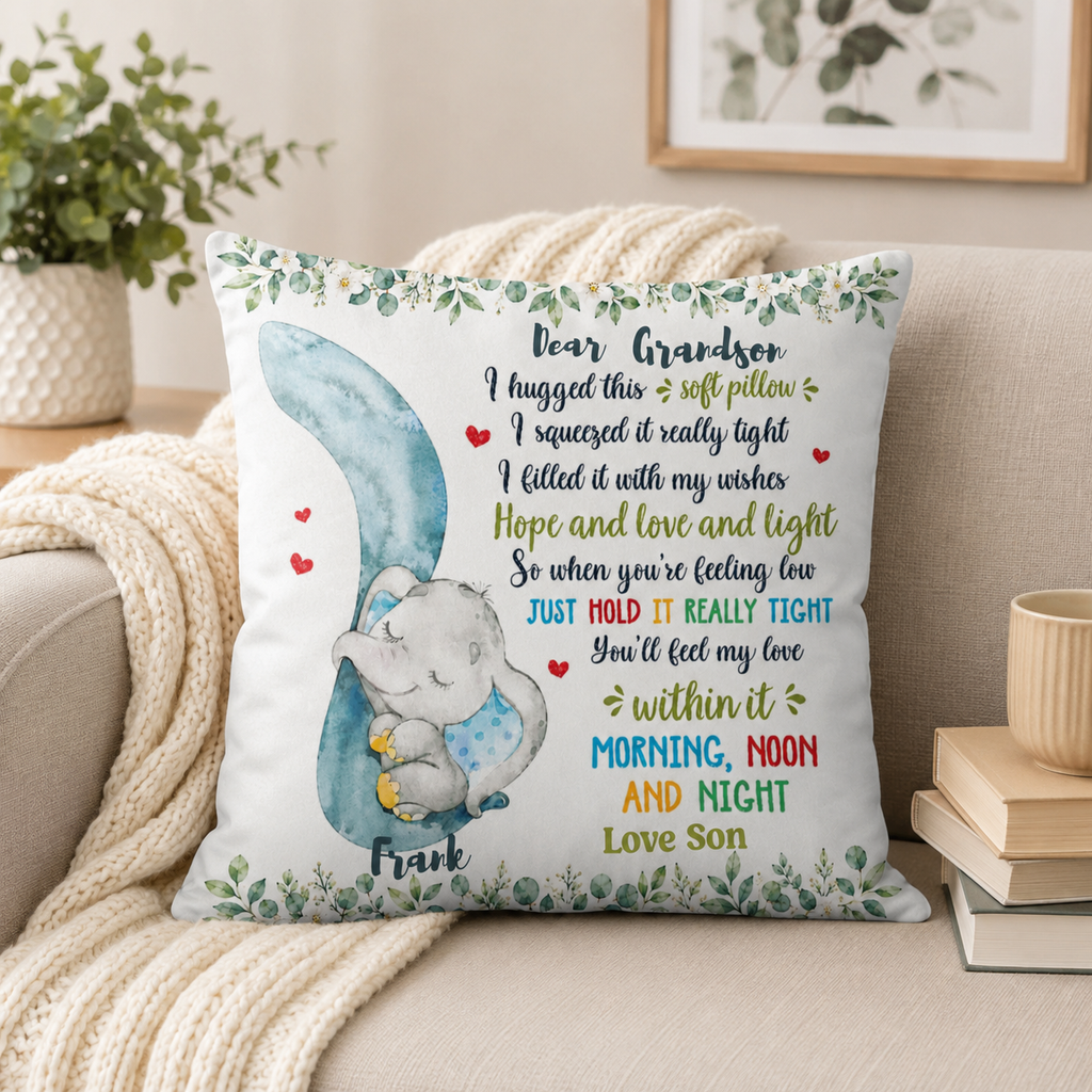 Personalized Elephant Throw Pillow – Custom Name Decorative Cushion, Personalized Dear Message Pillow, Custom Family Gift, Nursery & Bedroom Keepsake